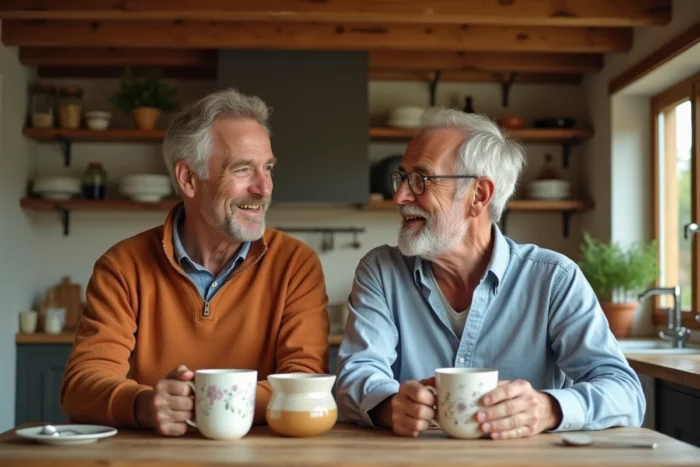Deux hommes partageant un café du matin dans une cuisine de maison de campagne française aux poutres apparentes