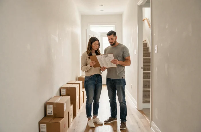 Couple vérifiant une liste de déménagement dans un couloir d'appartement presque vide avec des cartons empilés