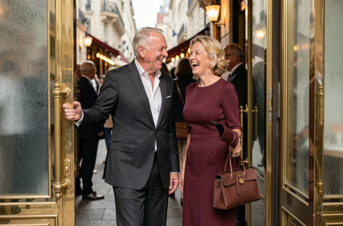 Couple distingué arrivant à l'entrée d'un restaurant gastronomique lyonnais en soirée