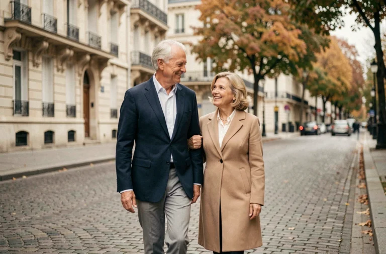 Couple élégant de sexagénaires se promenant sur un boulevard parisien pavé en automne