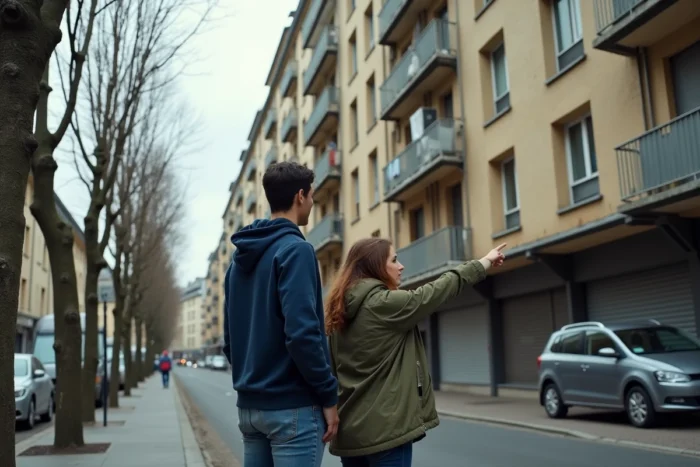 Couple regardant un immeuble HLM de logement social dans un quartier parisien