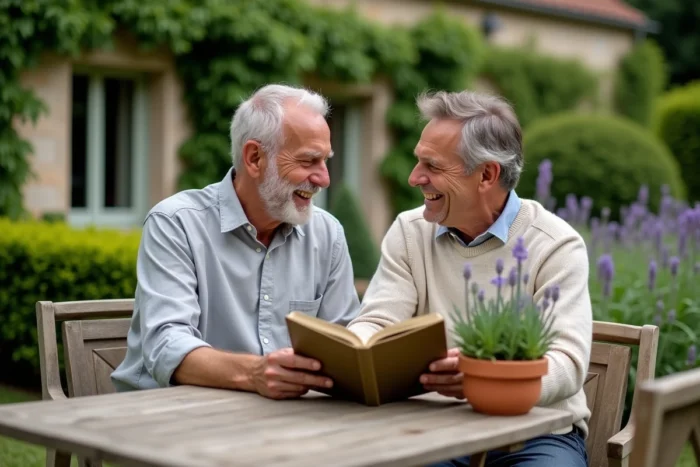 Deux hommes souriants partageant un moment complice dans un jardin de campagne français, entourés de lavande et de rosiers grimpants