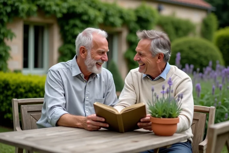 Deux hommes souriants partageant un moment complice dans un jardin de campagne français, entourés de lavande et de rosiers grimpants