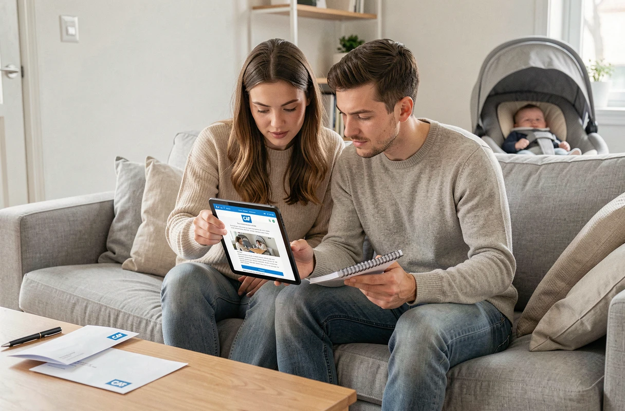 Couple de jeunes parents consultant le site CAF ensemble pour prolonger leur congé parental