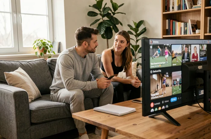 Couple consultant une plateforme de sport en ligne sur leur télévision dans un salon confortable