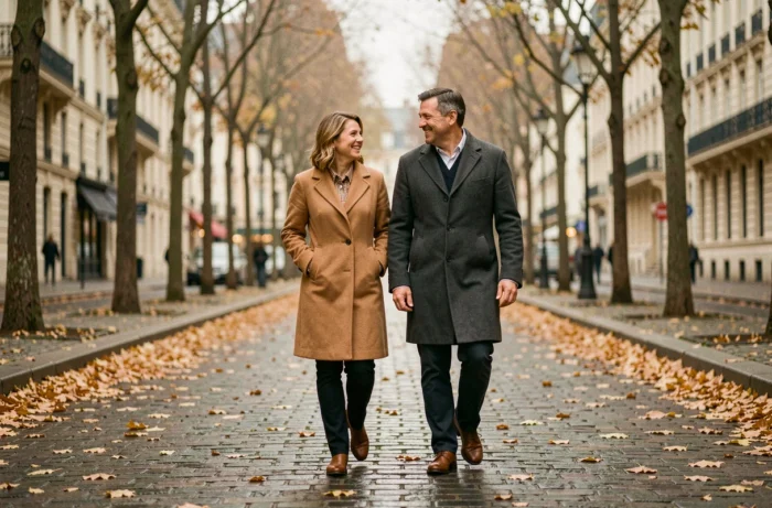 Couple élégant se promenant sous les arbres d'un boulevard parisien en automne dans une atmosphère complice