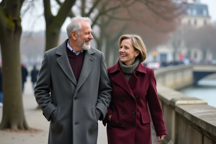 Couple complice se promenant le long de la Seine à Paris en automne, évoquant la relation discrète et durable d'un couple sous les projecteurs