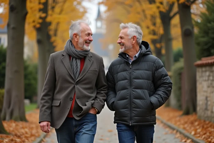 Deux hommes se promenant sur un chemin de village français en automne, entourés de platanes aux feuilles dorées