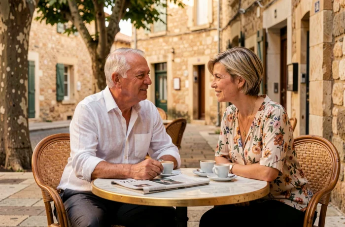 Couple attablé à une terrasse de café dans le sud de la France sous les platanes