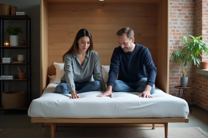 Couple testant la solidité et la capacité de charge d'un lit escamotable déplié dans un loft rénové