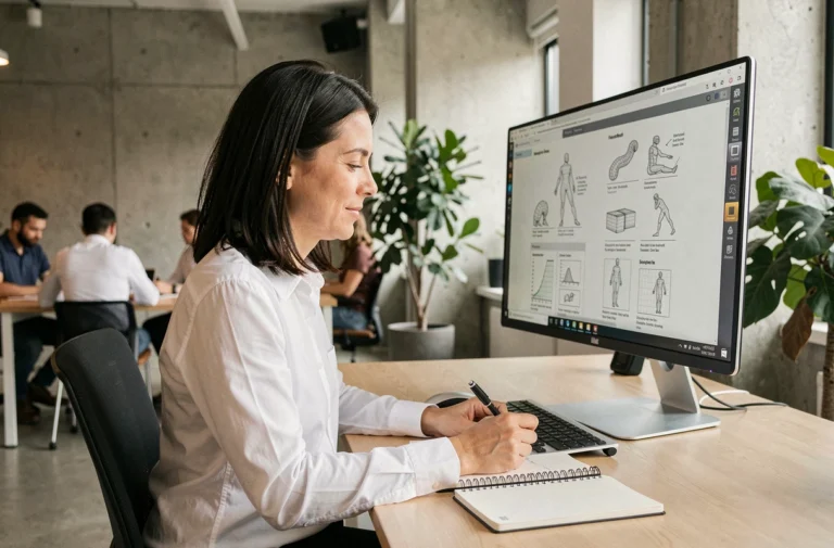 Femme professionnelle créant un site web sur un grand écran dans un bureau moderne et minimaliste