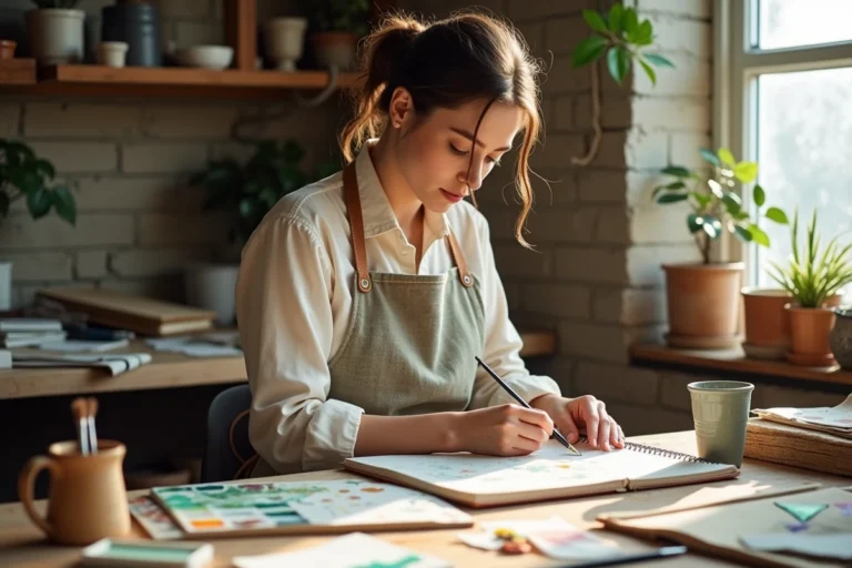 Créatrice artistique dessinant dans son atelier bohème avec palettes aquarelles et carnets de croquis, tendances créatives Owly Mary