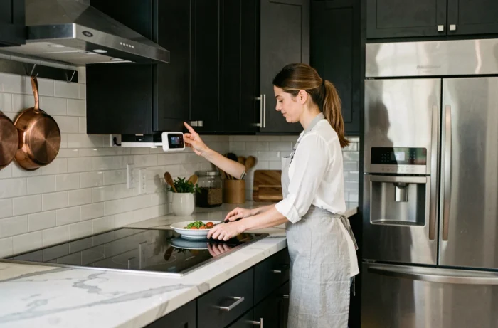 Femme utilisant un hub domotique dans une cuisine moderne équipée d'électroménagers intégrés et d'appareils connectés