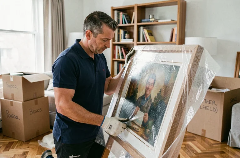 Déménageur professionnel emballant soigneusement un tableau dans du papier bulle lors d'un déménagement organisé