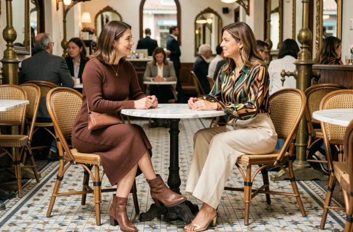 Deux femmes élégamment habillées selon les dernières tendances mode assises dans un café parisien au décor vintage