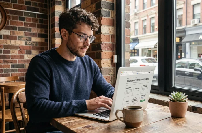 Développeur web travaillant sur la conception d'un site dans un café avec ambiance urbaine