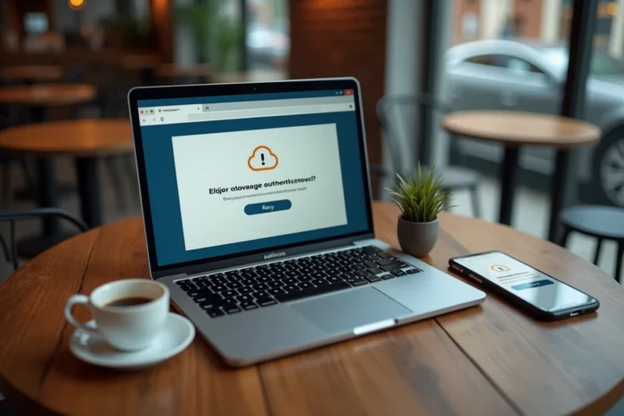 Écran d'ordinateur portable affichant un message d'erreur d'authentification ShareCloudy dans un café avec smartphone et café posés sur la table