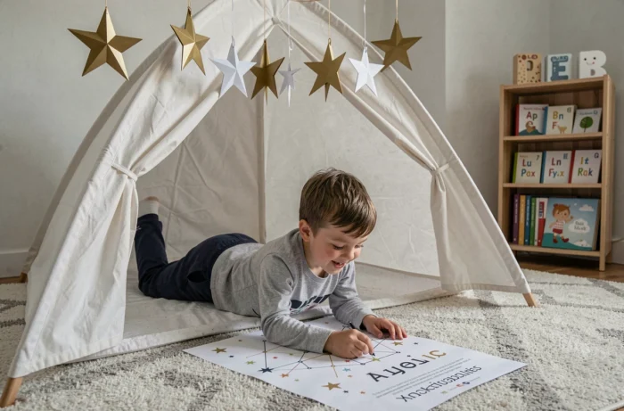 Enfant allongé dans une tente de chambre, traçant des lettres de l'alphabet sur une carte stellaire, entouré de décorations d'étoiles en papier