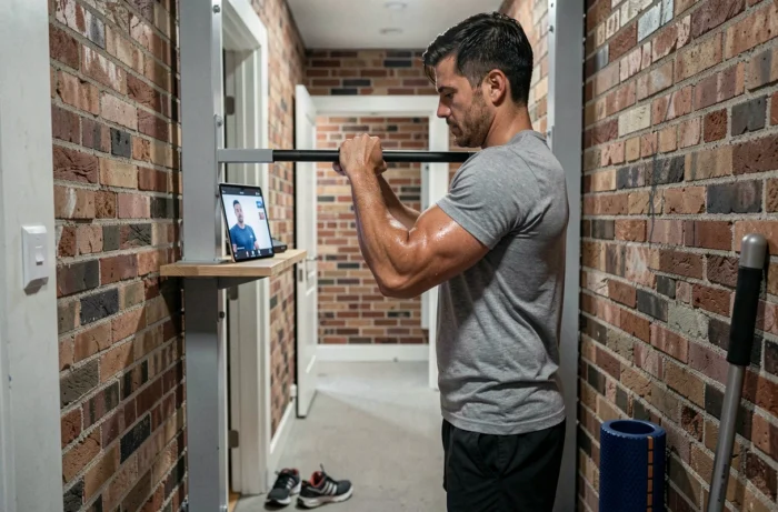 Homme s'entraînant à la barre de traction chez lui en suivant un coaching sportif en ligne sur tablette