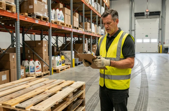 Employé de entrepôt logistique devant un stock insuffisant de produits ménagers illustrant les problèmes d'approvisionnement en Domestos