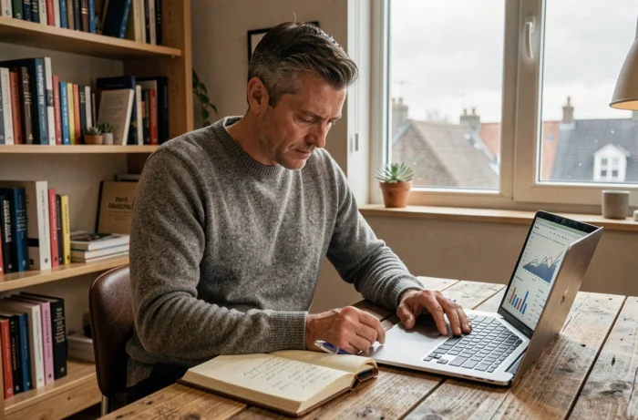 Entrepreneur travaillant seul dans un bureau à domicile, prenant des notes dans un carnet pour développer son entreprise