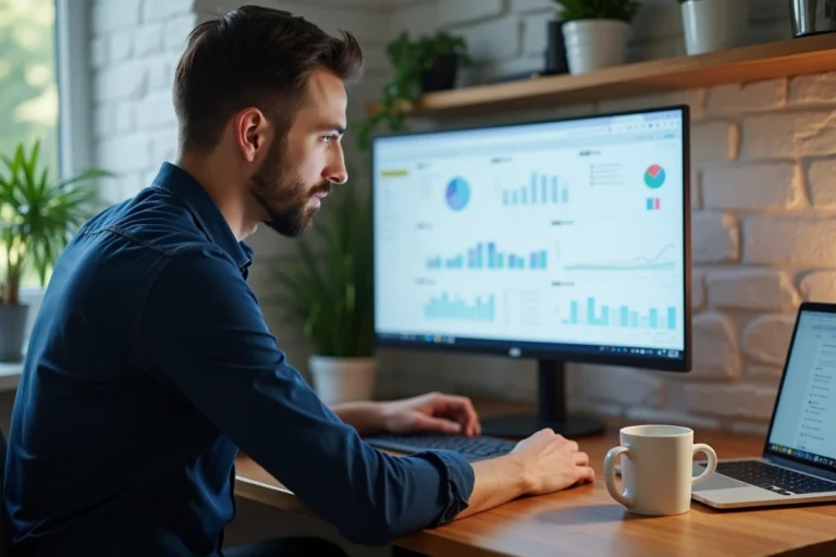Entrepreneur masculin utilisant le CRM HubSpot gratuit sur un ordinateur dans un bureau à domicile moderne