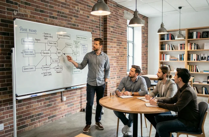 Entrepreneur présentant un plan d'action business à son équipe sur un tableau blanc dans un espace de coworking