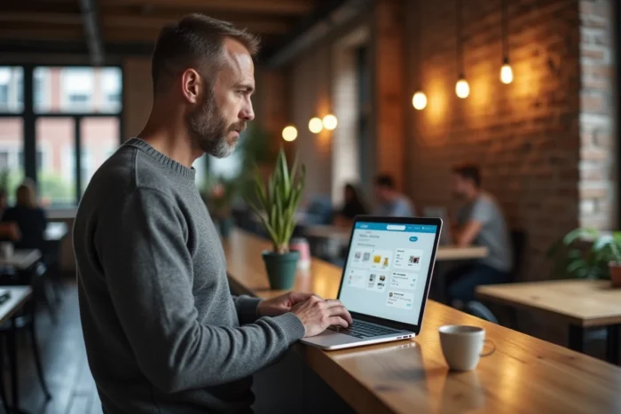 Entrepreneur concentré utilisant une solution digitale CRM sur ordinateur portable dans un espace de coworking moderne
