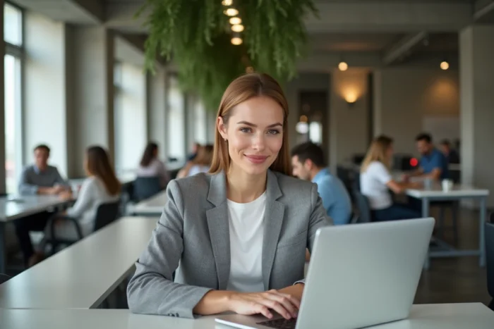 Jeune entrepreneuse découvrant les fonctionnalités du CRM HubSpot version gratuite dans un espace de coworking
