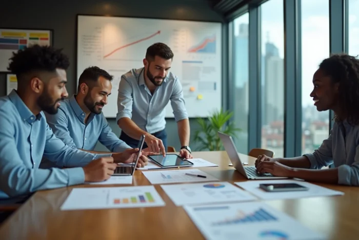 Équipe de professionnels collaborant autour de solutions digitales pour la croissance d'entreprise en salle de réunion