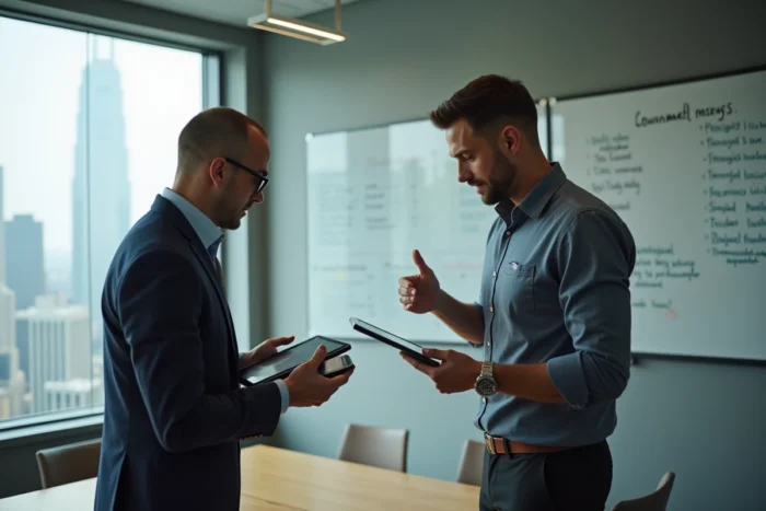 Deux entrepreneurs discutant de leur stratégie commerciale avec le CRM HubSpot gratuit sur une tablette en salle de réunion