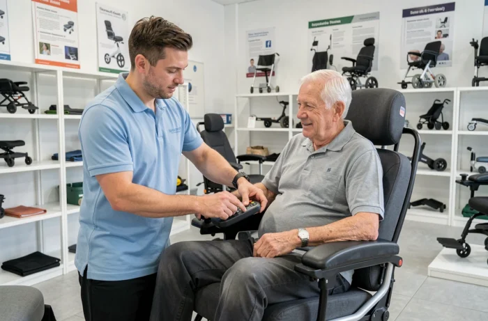 Ergothérapeute expliquant le fonctionnement d'un fauteuil releveur électrique à un senior dans un magasin de matériel médical