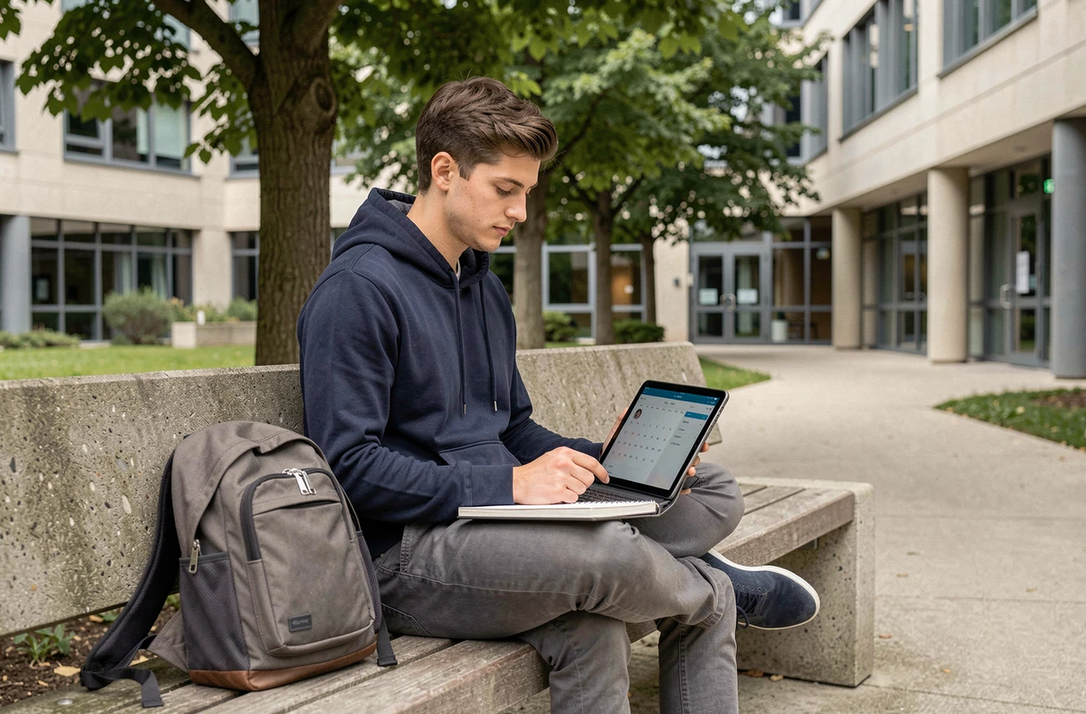 Étudiant consultant son calendrier numérique sur tablette dans la cour d'une université à Angers pour gérer son emploi du temps