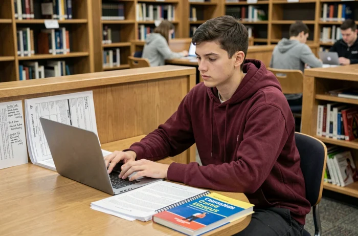 Étudiant consultant son plan d'accompagnement PAE à la bibliothèque universitaire sur ordinateur portable