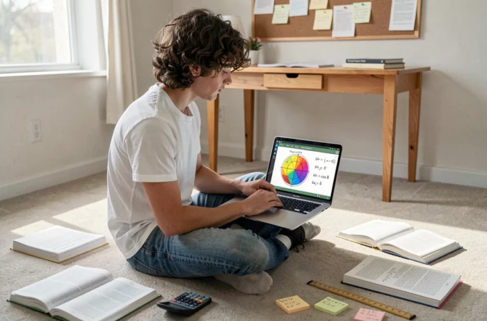Étudiant révisant les formules trigonométriques sin cos sur ordinateur portable dans sa chambre avec des notes de maths