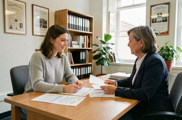 Étudiante discutant de son plan d'accompagnement PAE avec une conseillère pédagogique dans un bureau universitaire