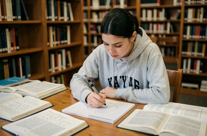 Étudiante en mathématiques travaillant sur des formules trigonométriques sin cos dans une bibliothèque universitaire