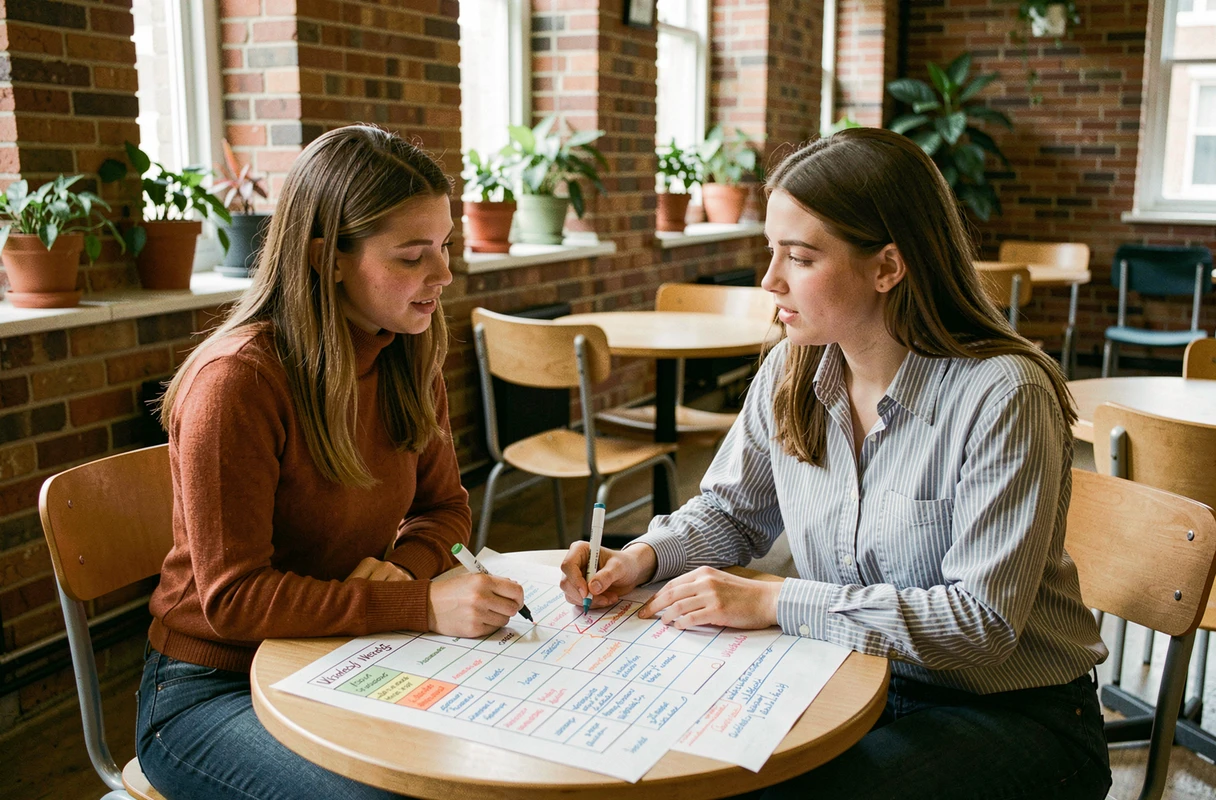 Deux étudiantes planifiant ensemble leur emploi du temps hebdomadaire à l'université d'Angers dans un espace commun convivial