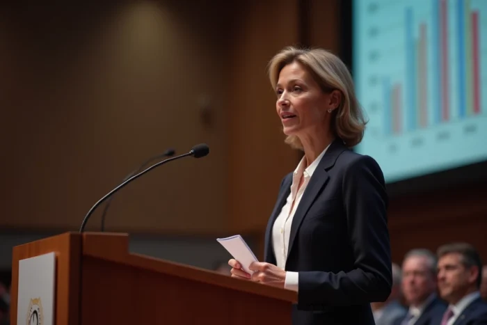 Femme experte prenant la parole à un pupitre lors d'un forum d'analyse politique et sociale devant un public