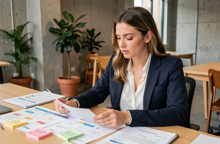 Femme professionnelle analysant des alternatives de carrière dans un espace de coworking moderne