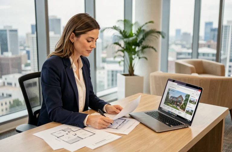 Femme professionnelle analysant des documents d'investissement immobilier dans un bureau moderne avec vue sur la ville