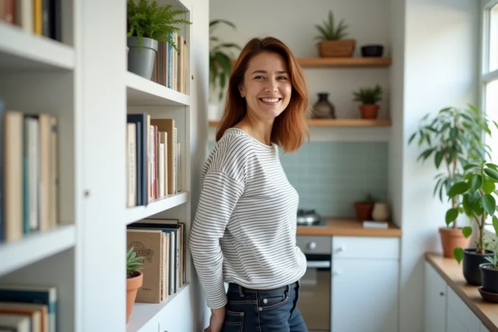 Femme souriante dans un appartement moderne parisien près d'une bibliothèque, portrait naturel