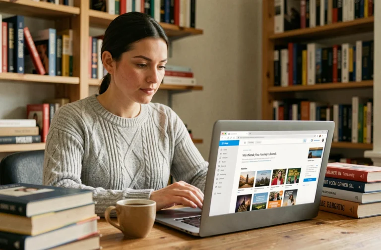 Femme consultant une bibliothèque numérique gratuite sur son ordinateur portable entourée de livres