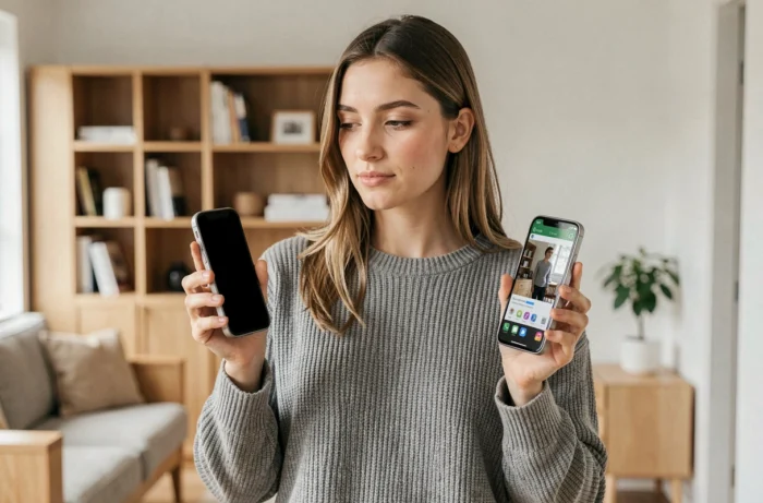 Femme comparant un iPhone 7 et un iPhone 7 Plus tenus dans chaque main