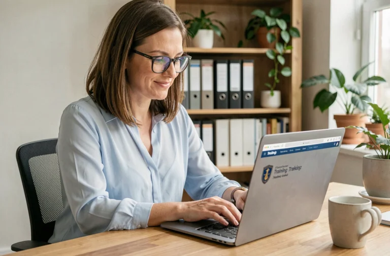Femme utilisant son compte CPF sur un ordinateur portable dans un bureau à domicile pour financer une formation professionnelle
