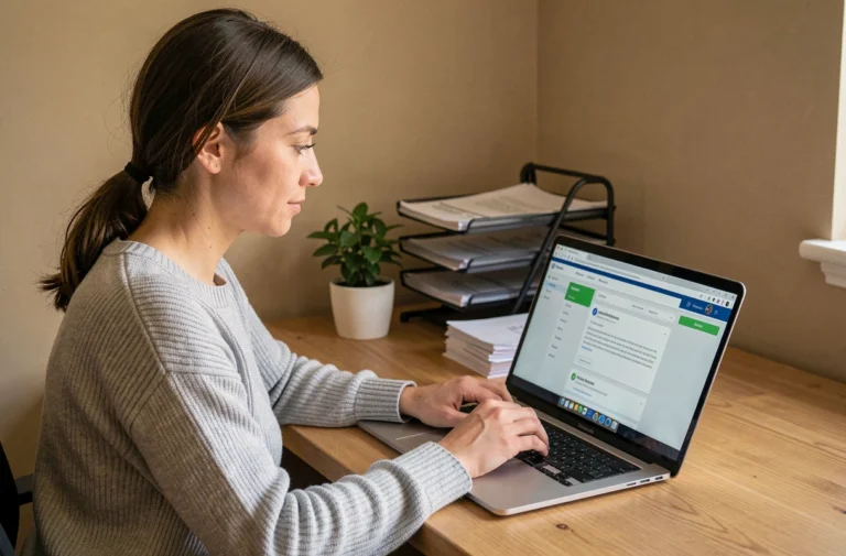 Femme consultant son espace client MyFoncia sur un ordinateur portable pour accéder à ses documents locatifs