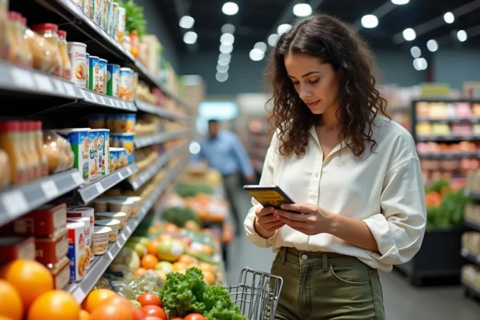 Femme lisant les informations nutritionnelles dans un supermarché pour suivre un régime de 1800 calories par jour