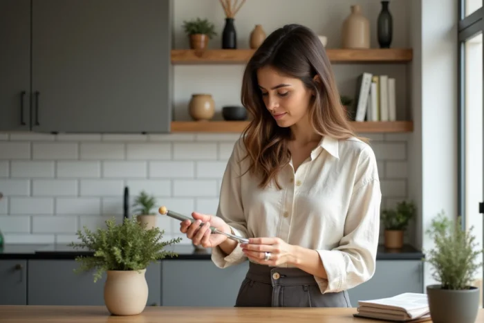 Femme arrangeant une étagère décorative minimaliste avec plantes et céramiques dans une maison moderne