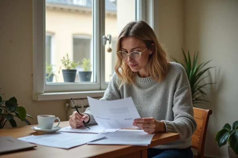 Femme consultant des dossiers de demande de logement social dans un appartement parisien modeste