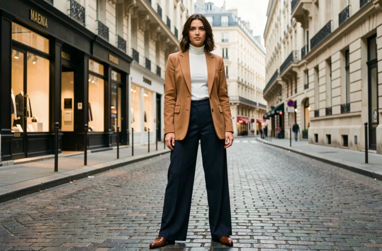 Femme élégante en blazer camel et pantalon large marine dans une rue parisienne pavée, tendances mode automne-hiver